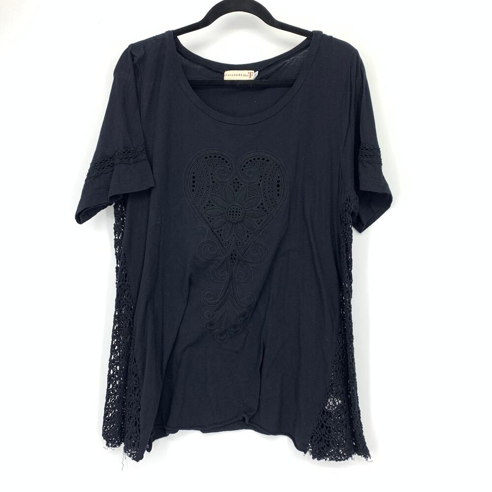 Johnny Was LoveAndLiberty Top XL Black Embroidered Heart Floral Eyelet Crochet
